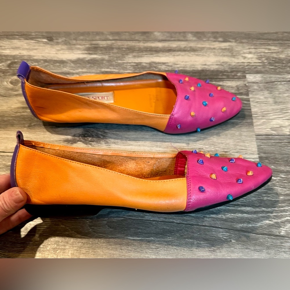 Lauren Sport Ralph Lauren Bubblegum Pink Studded Leather Flats Sz 9 Colorblock - Picture 3 of 8